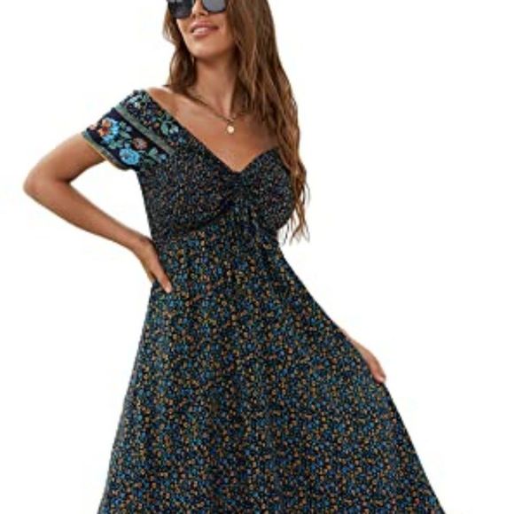 Women's Summer Floral Casual Short Sleeve Flowy Boho Beach Party Long Maxi Dress - Picture 2 of 5